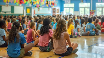 A school assembly or gathering with students seated on the floor, listening attentively to a speaker or presentation about the upcoming school year. 