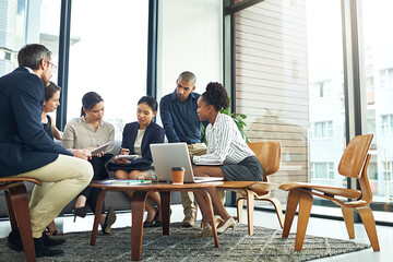 Team, business and people with laptop for virtual meeting in office for planning, research and ideas on client proposal. Group, woman and man for collaboration, support and goal of company growth