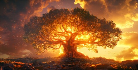 The fantasy concept art of a giant tree with bright glowing leaves and roots, standing in the middle of a field with a stormy sky in the background.