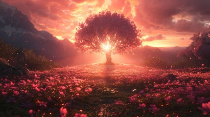 The fantasy landscape with a giant tree in the middle. The sky is red and the ground is covered...