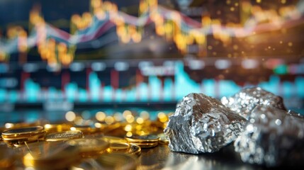 Chunks of raw silver and financial graph overlay