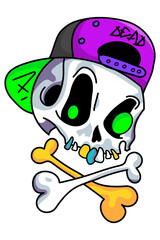 Cute cartoon skull in a cap. Funny skull sticker for Halloween design. Cool hand drawn skull with crossbones. Vector illustration isolated on white background.