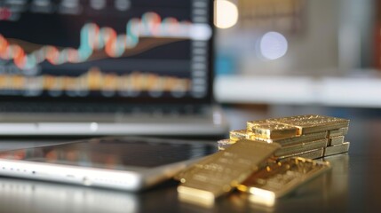 Gold bars on desk with stock chart in background