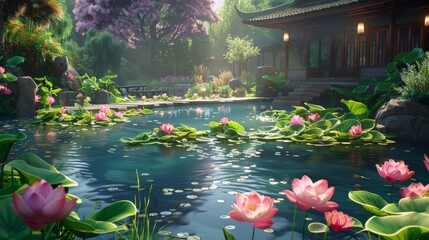 The image is a beautiful landscape of a pond with lotus flowers