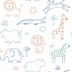 Vector seamless pattern with cartoon safari jungle animals zebra, lion, elephant, crocodile, giraffe, leopard, rhinoceros, hippopotamus. Hand draw cute animals in sketch style. Doodle style line art.