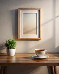Coffee cup and picture frame on wooden table.