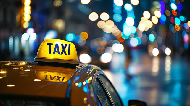yellow taxi sign on top of car in city at night