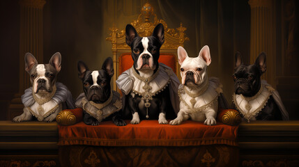 Humorous, animal 3D portrait, Close up, Dog, Group, Feline, Bulldog. THE ROLES HAVE BEEN REVERSED! Illustration of a royal pets group dressed up as sovereignes and councilors. Now they rule over us!