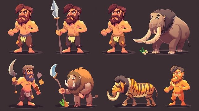 The caveman, a prehistoric primitive person in stone age cartoon icons set. In this illustration, the bearded caveman is wearing a pelt and holding a spear weapon, along with mammoths and