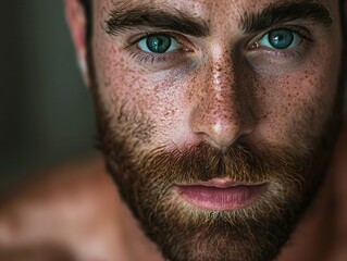 Obraz premium Close-up shots capturing the confident expressions of a man after completing his skincare and makeup routine, highlighting the empowering nature of grooming.