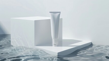 Modern waterproof cosmetic tube, shown in a minimalist setting, focusing on its resilience and effectiveness in waterresistant beauty