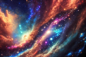 A fantastical galaxy with swirling colors, glowing stars, and cosmic dust