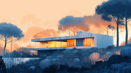 A digital painting of a minimalist house in a forest, with pastel colors and modern architecture
