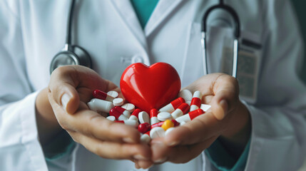 Cardiologist with red heart and pills closeup