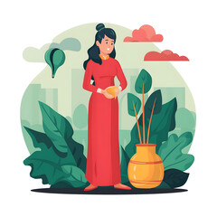 Vietnamese tradition womens cartoon, Beautiful vietnamese woman, Dress vietnamese woman, Digital art illustration,