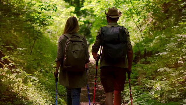 Tourist hiker engages in activity in forest with walking stick