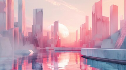 A minimalist architectural rendering of a futuristic city with soft pastel colors and clean lines