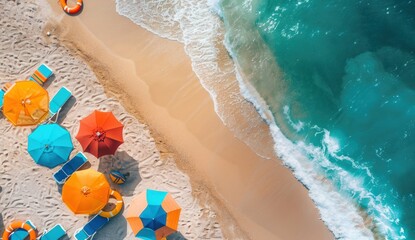 A beach scene with a row of colorful umbrellas on beach and a body of water. Scene is relaxed and peaceful