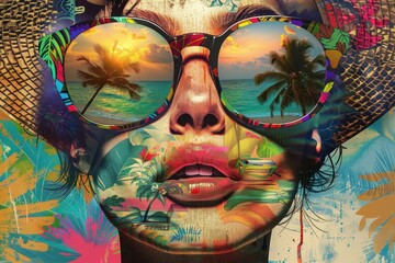 Colorful tropical portrait of a young woman in sunglasses posing in summer near the sea with pastel colors background