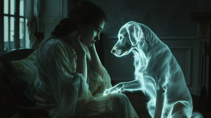 a girl sits next to an illuminescent dog. The illustration reveals the theme of experiences and losses.
