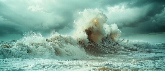 The photo shows a huge wave crashing on the shore - Powered by Adobe