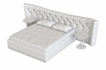big comfortable bed isolated on white background, home furniture, illustration, 3d rendering