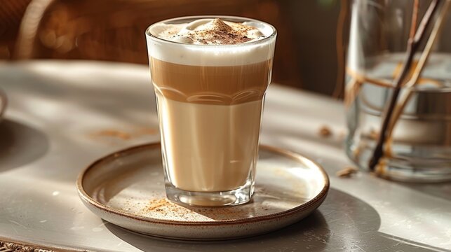 plant-based latte art, a latte with frothy oat milk sits on a saucer, showing off its creamy texture elegant latte art adds a touch of sophistication to the scene