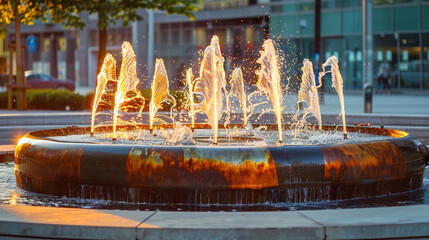 Playful fountain in city square with abstract waves against vibrant urban colors.