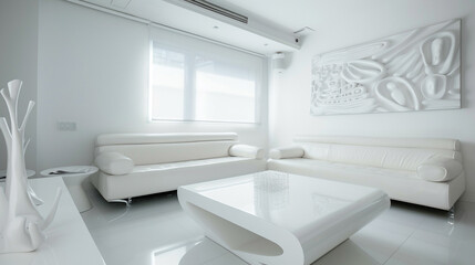 A sleek white-themed hotel suite with a modern aesthetic, including a white leather sof a high-gloss white coffee table, and abstract white art on the walls.