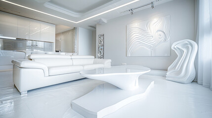 A sleek white-themed hotel suite with a modern aesthetic, including a white leather sof a high-gloss white coffee table, and abstract white art on the walls.