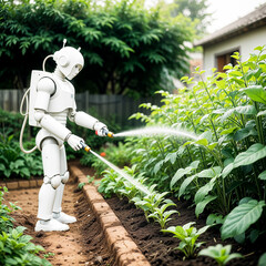 A white robot stands holding a water hose. Watering the plants in the vegetable garden, high detail