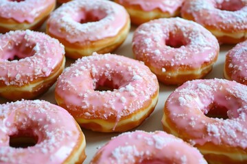 Delicious pink-frosted donuts with colorful sprinkles arranged on a wooden board. These tasty treats are perfect for National Donut Day celebrations, offering a sweet indulgence for donut lovers