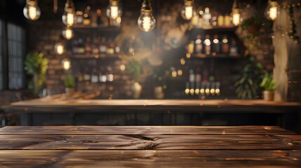 Blurred empty bar interior with wooden tables and hanging light bulbs, background for product presentation on screen or print design mockup.
