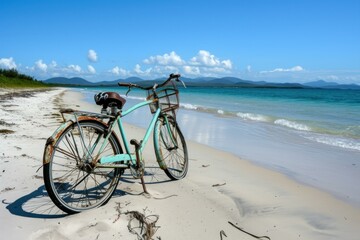 Fototapeta premium Sandy Bicycle sand beach sea. Coast travel summer. Generate Ai