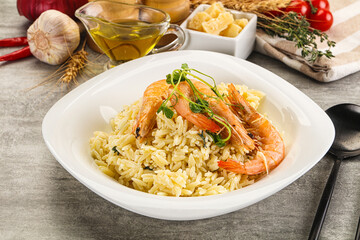 Italian pasta Orzo with prawn