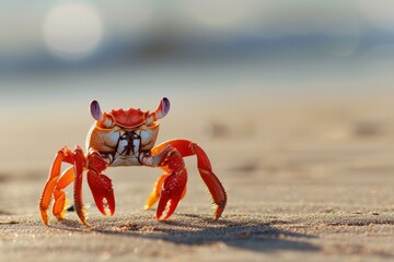 Vibrant orange crab stands on a beach with sunset light creating a serene backdrop