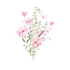 Watercolor bouquet with abstract pink flowers, hearts and green leaves. Floral delicate decor with design elements for invitation or greeting cards, bouquet for Valentine's day, isolated illustration.