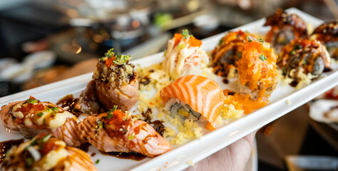 Assortment of delicious sushi rolls and sashimi on a plate, showcasing Japanese cuisine and...