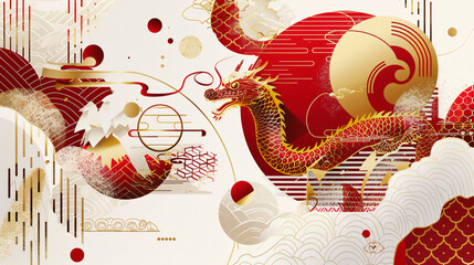 Chinese New Year 2024 modern art design in red gold an