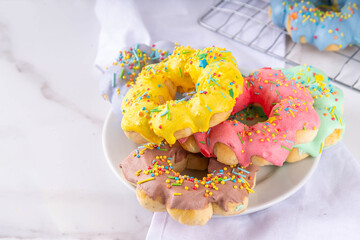 Asian trendy mochi donuts dessert. Sweet colorful mochi donuts baked pastry, with various toppings...