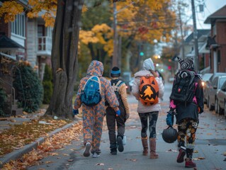 Obraz premium A group of friends walking in an urban neighbourhood, dressed up for Halloween.