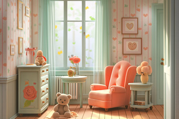 Cute cat in the room, pastel pink wallpaper with striped pattern, cute chair and table, teddy bear on top of the chest of drawers, window with curtain, digital art style in the style of animation