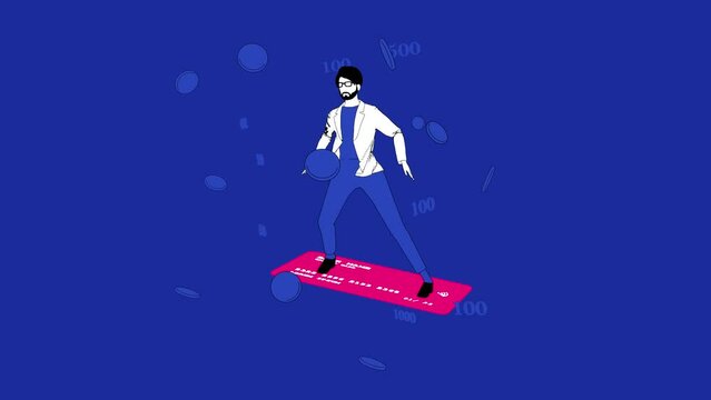 A male shopper climbs on a credit card and floats on air gets wins and discounts.