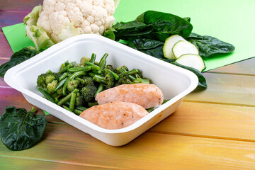 Salmon cutlets with broccoli and green beans. Healthy food. Takeaway food. On a wooden background.