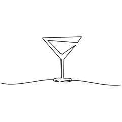 Continuous line drawing. Wineglass with wine or coctail. Isolated on white background One Hand drawn vector illustration.