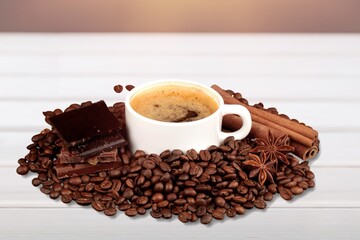 Cups of hot tasty coffee drink,