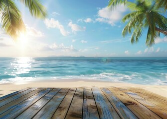 Wooden table for summer product promotion with tropical beach background. sun rays view, water, sand for product display and summer vacation concept.