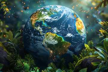A vibrant blue and green eco Earth globe highlighting themes of environmental world protection, ecological conservation, and the message of "Save the Planet" in celebration of Earth Day
