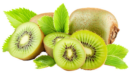 Fototapeta premium kiwi fruit with slices and green leaves isolated on transparent background