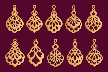 Earrings with rich openwork pattern, laser cut pendants design set.